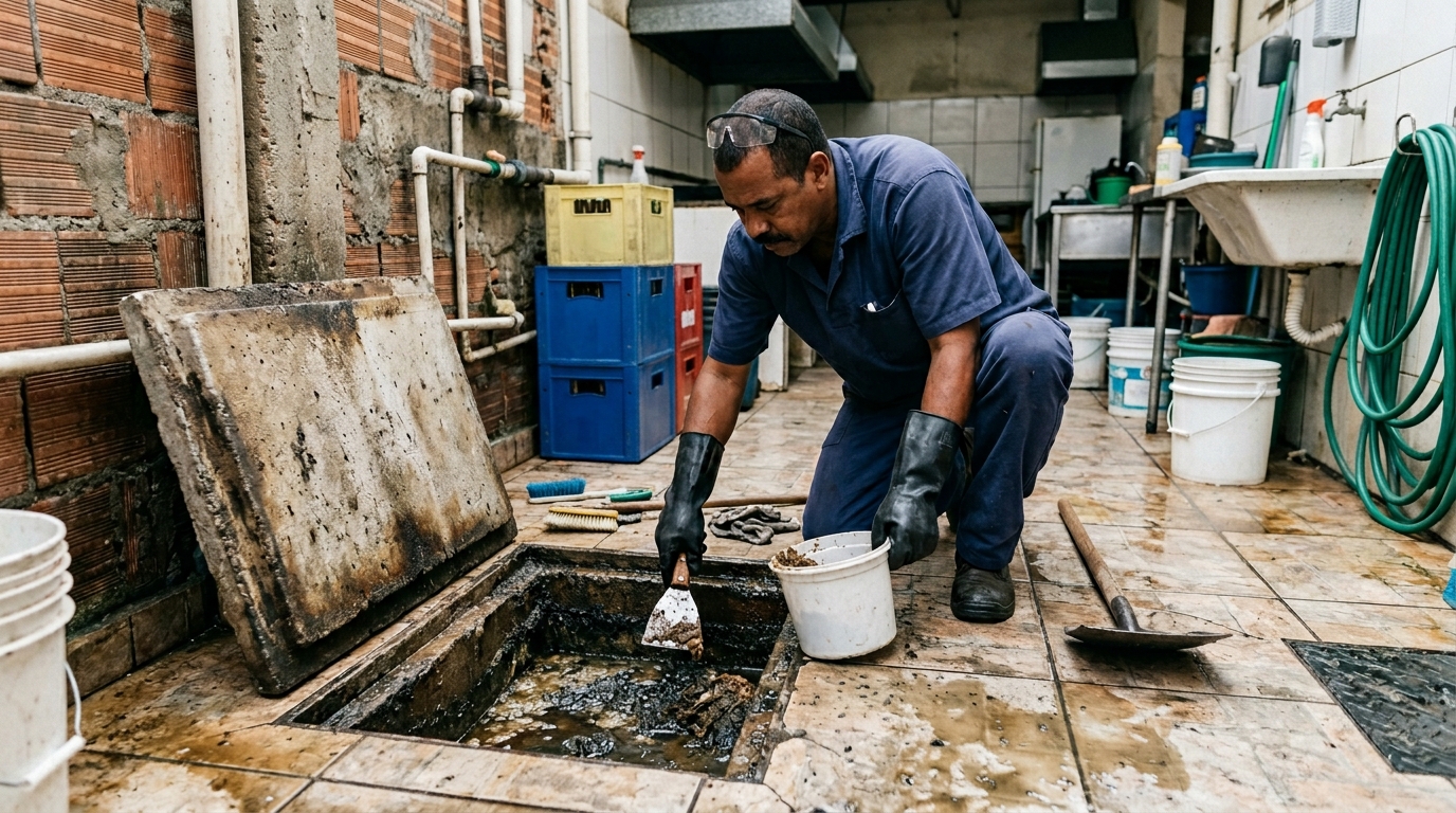 Limpeza de caixa de gordura residencial em Pelotas‑RS